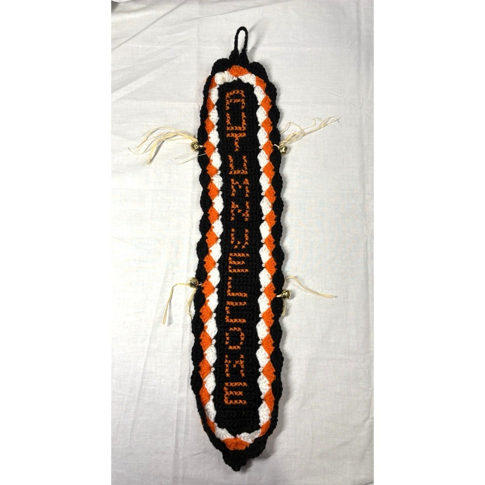 Vintage Handmade Crochet Wall Hanging Autumn Welcome‎ Sign Black Orange White